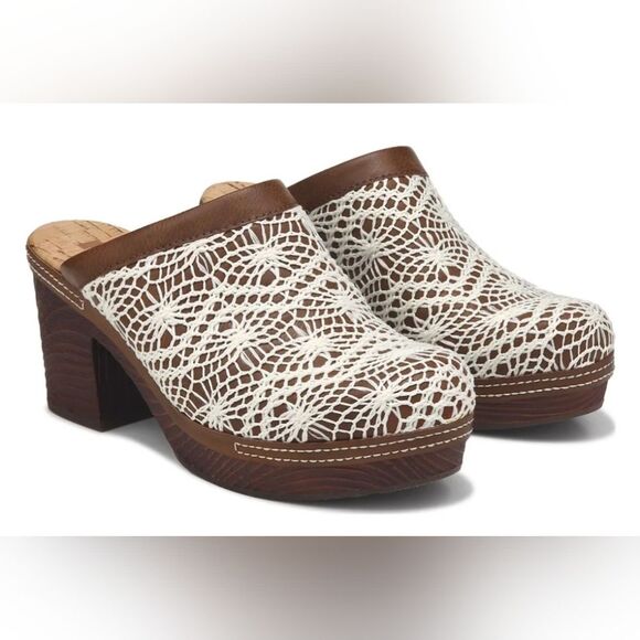 Kork-Ease Shoes - KORKS Women's Nora Clog Tan Crochet Overlay Slip On Wooden Platform Shoes 8 Boho
